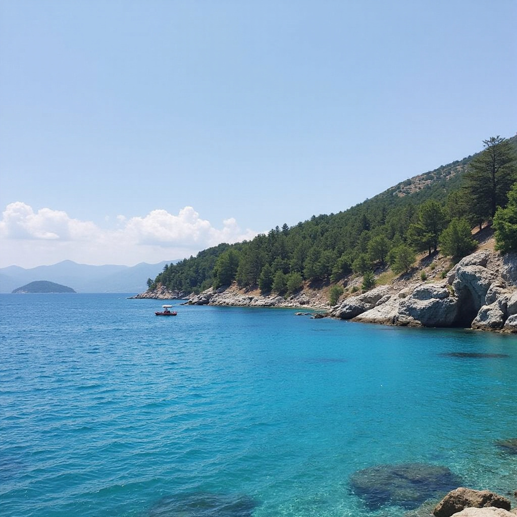 Alt-text: Widok na turkusową lagunę Ölüdeniz w Fethiye, otoczoną zielonymi wzgórzami i błękitnym niebem.