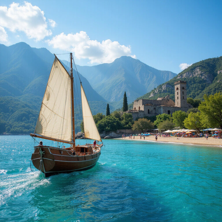 Alt-text: Widok na turkusową lagunę Ölüdeniz w Fethiye, otoczoną zielonymi wzgórzami i błękitnym niebem.