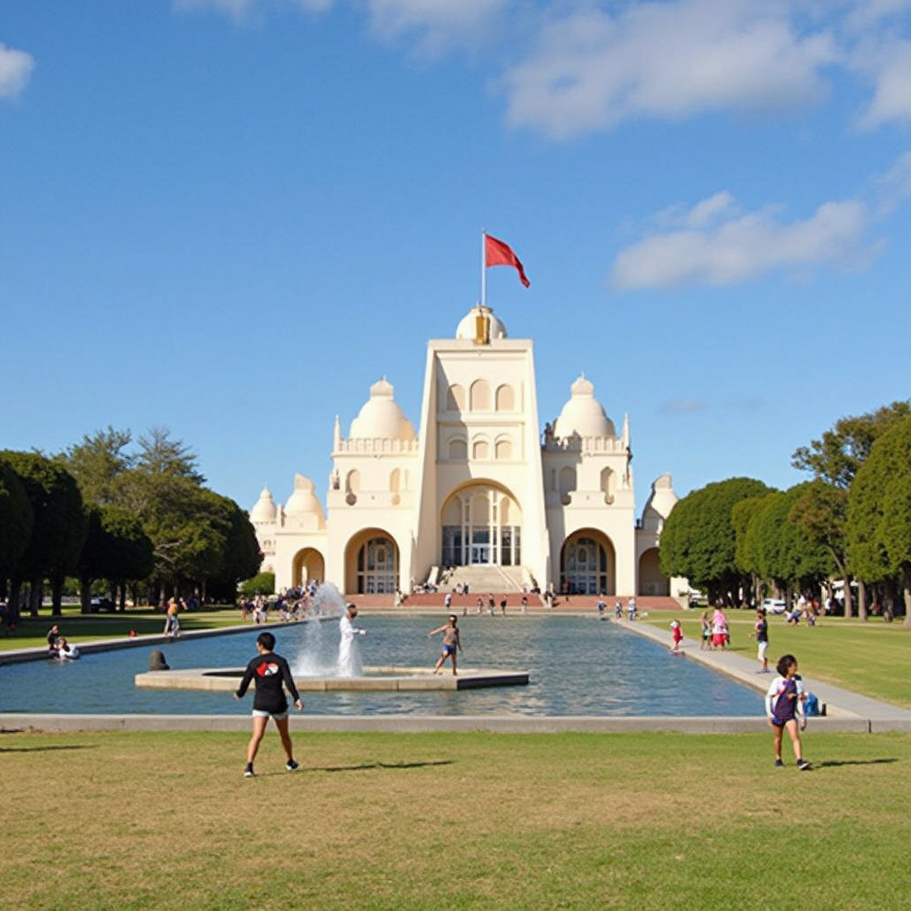 Widok na panoramę Canberry z tarasu widokowego Telstra Tower, otoczonej górami i zielenią.