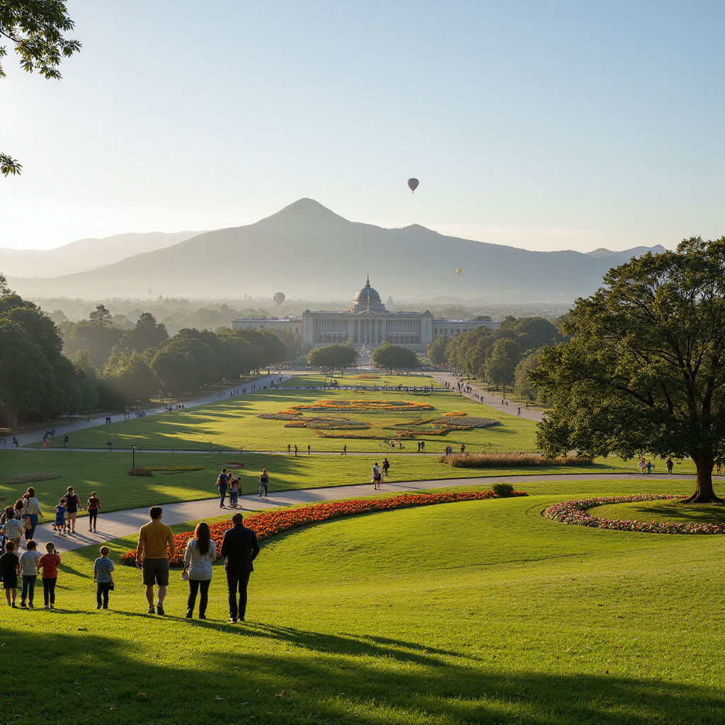 Widok na panoramę Canberry z tarasu widokowego Telstra Tower, otoczonej górami i zielenią.