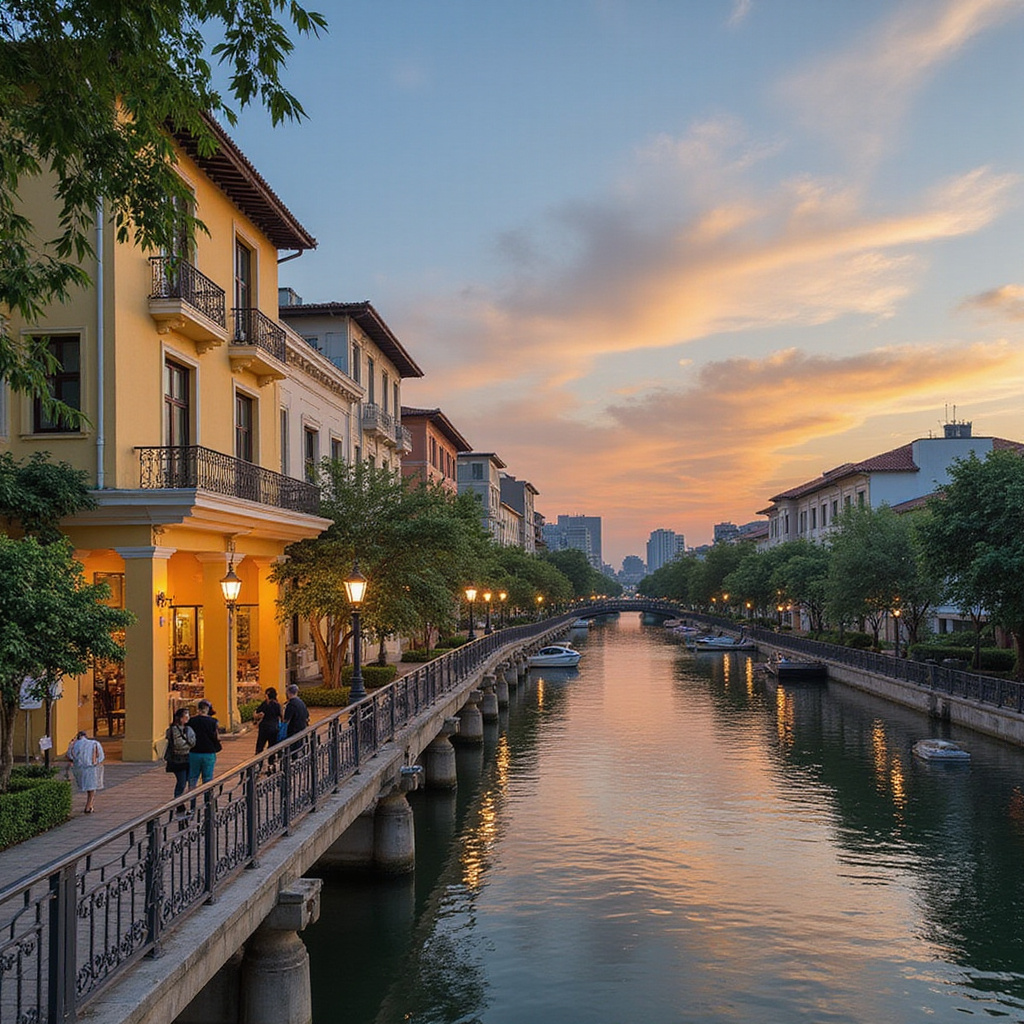 Widok na tętniące życiem ulice Ho Chi Minh City z charakterystycznymi skuterami i kolorowymi szyldami sklepów.