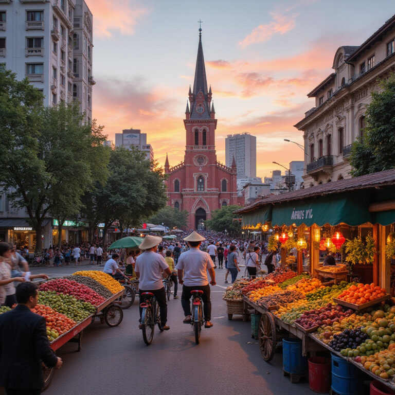 Widok na tętniące życiem ulice Ho Chi Minh City z charakterystycznymi skuterami i kolorowymi szyldami sklepów.