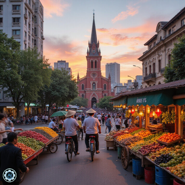 Widok na tętniące życiem ulice Ho Chi Minh City z charakterystycznymi skuterami i kolorowymi szyldami sklepów.