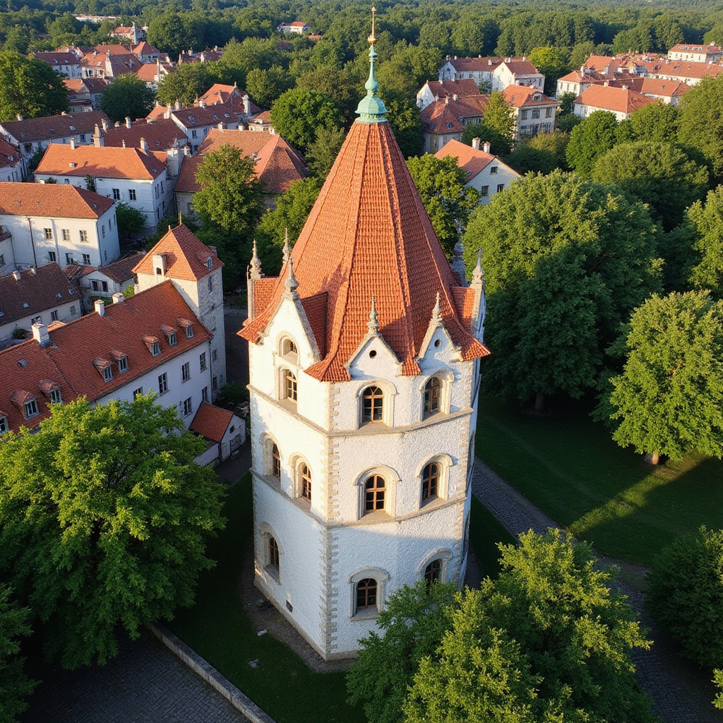 Widok na Białą Wieżę w Hradec Králové otoczoną zielenią i historyczną zabudową