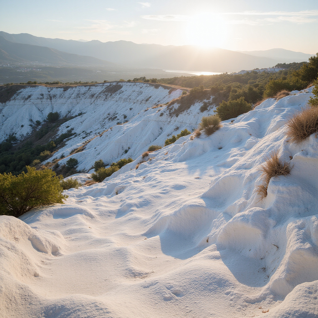 białe tarasy Pamukkale z widokiem na dolinę, turecki krajobraz
