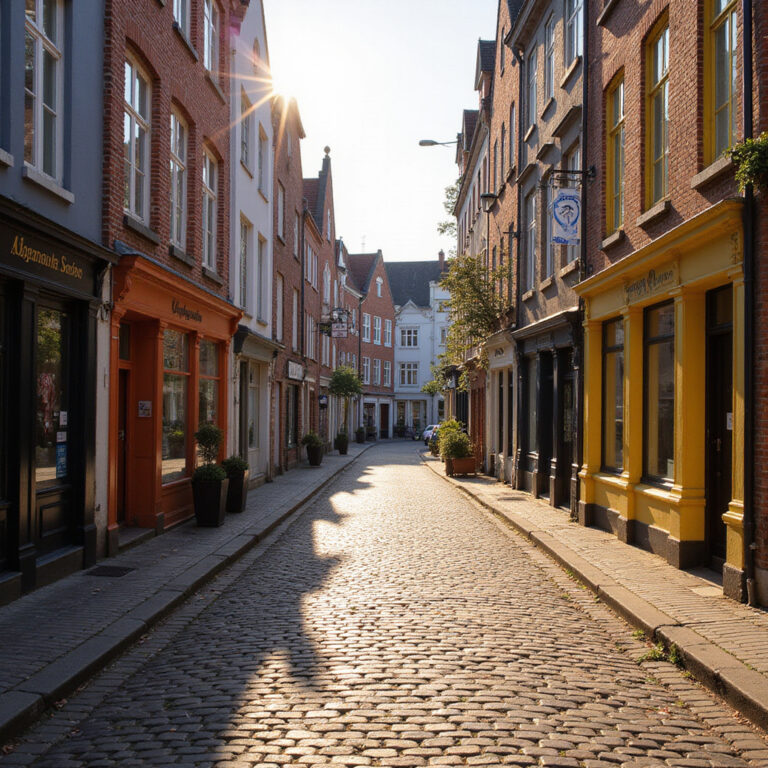 Brukowana uliczka w Lille z kolorowymi fasadami i flamandzką architekturą