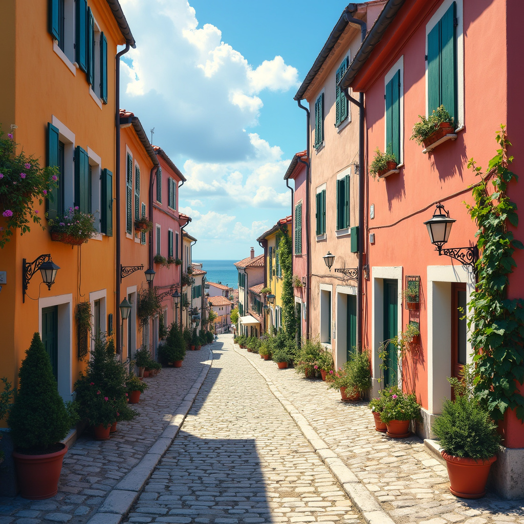 Brukowana uliczka w Rovinju z pastelowymi domami i widokiem na Adriatyk