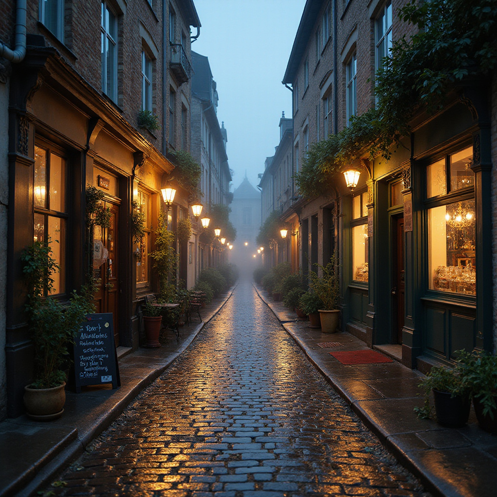 Brukowana uliczka w Vieux-Lille z zabytkowymi kamienicami, nocna atmosfera, eleganckie bary