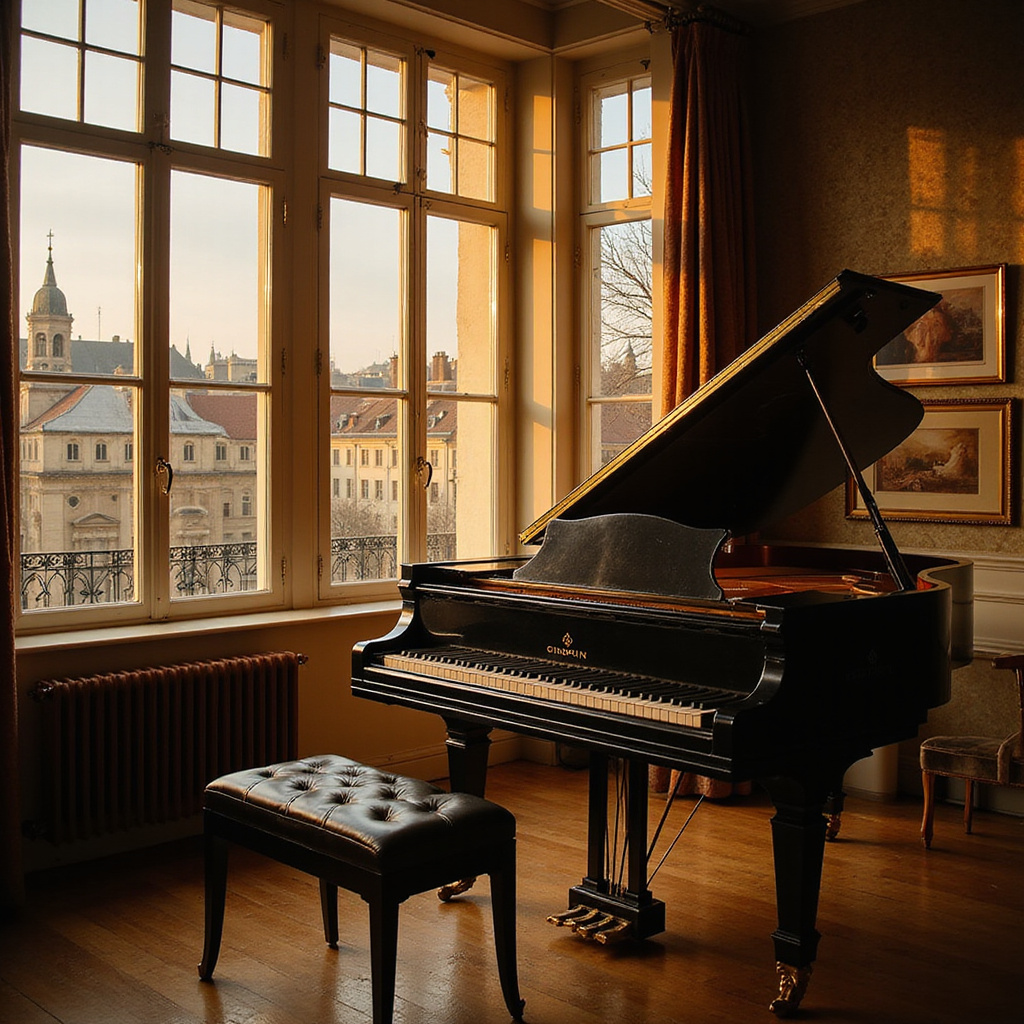 Fortepian Chopina w salonie z widokiem na warszawskie Stare Miasto