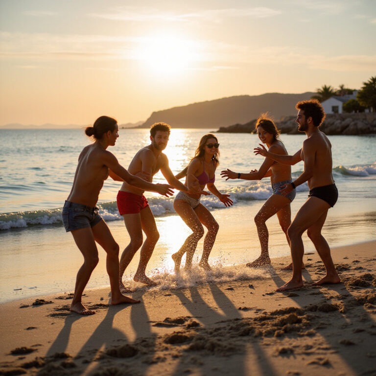 Grupa ludzi grająca w Picigin na plaży Bacvice w Splicie, tradycyjna gra plażowa