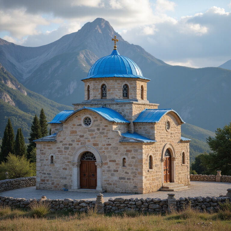 Grecka cerkiew z błękitną kopułą na tle górskiego krajobrazu, prawosławie w Grecji, architektura sakralna