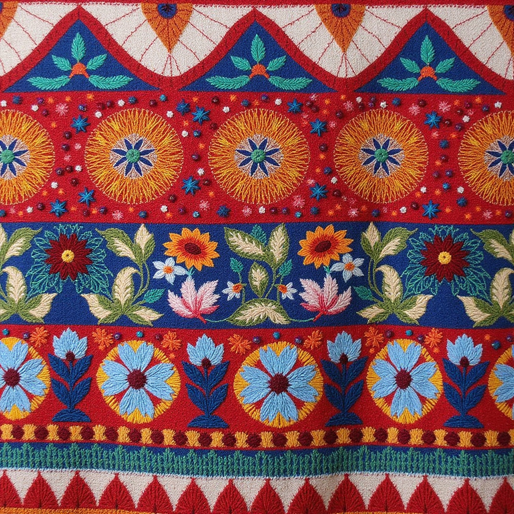 haft kaszubski na współczesnej tkaninie, etnodizajn, rękodzieło