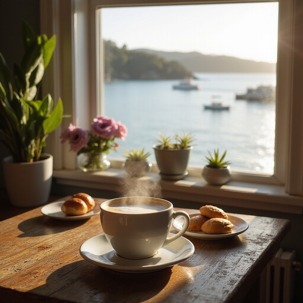 przytulna kawiarnia w Hobart z widokiem na zatokę, poranna kawa