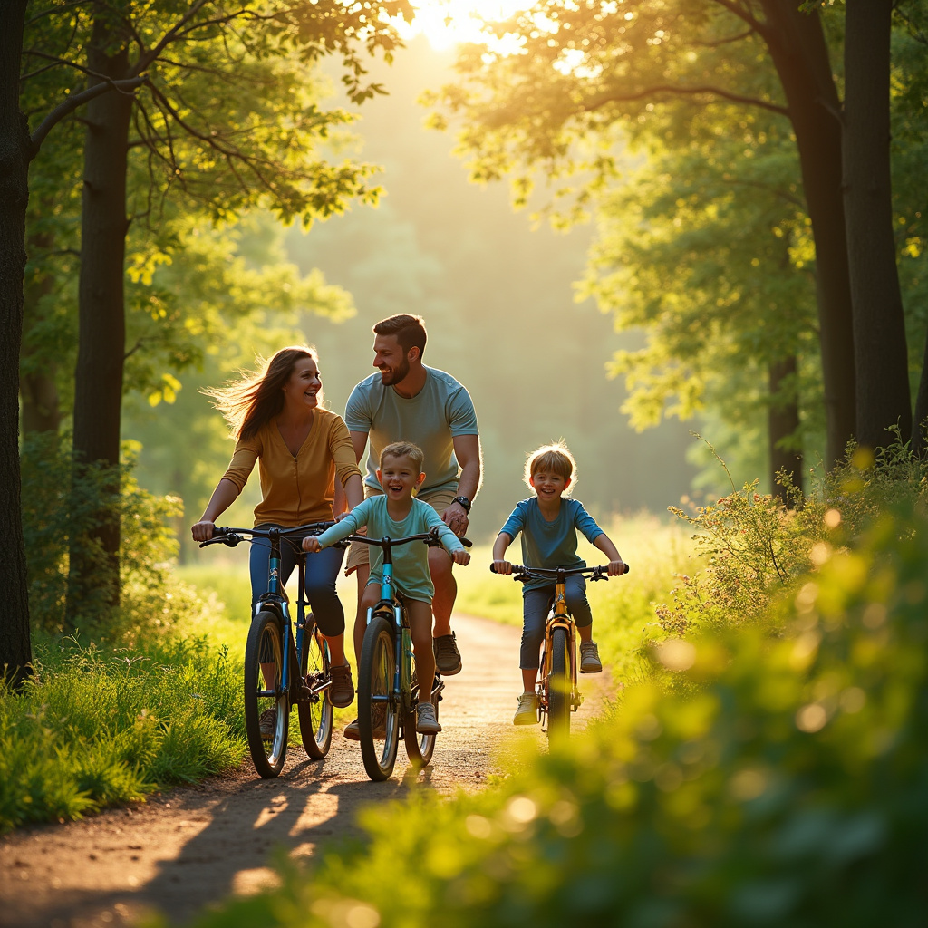 Rodzina na rowerach w lesie Městské lesy, trasy rowerowe Hradec Králové