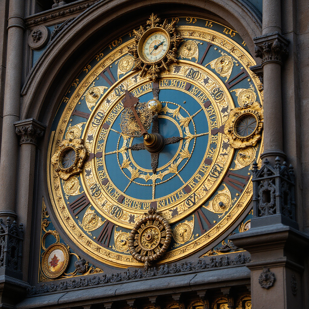 Detal mechanizmu Zegara Astronomicznego w Pradze pokazujący tarczę astronomiczną