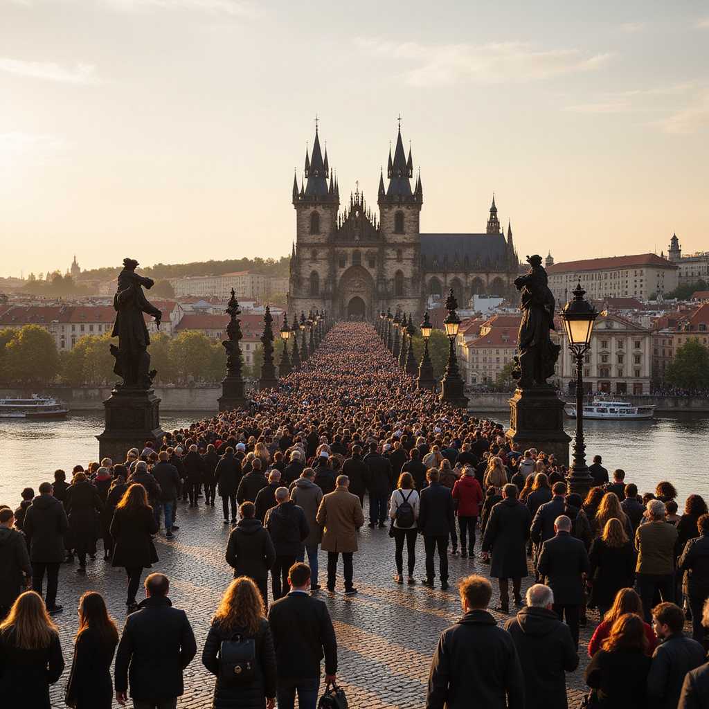 Tłumy turystów na Moście Karola w Pradze - zabytki i życie miejskie