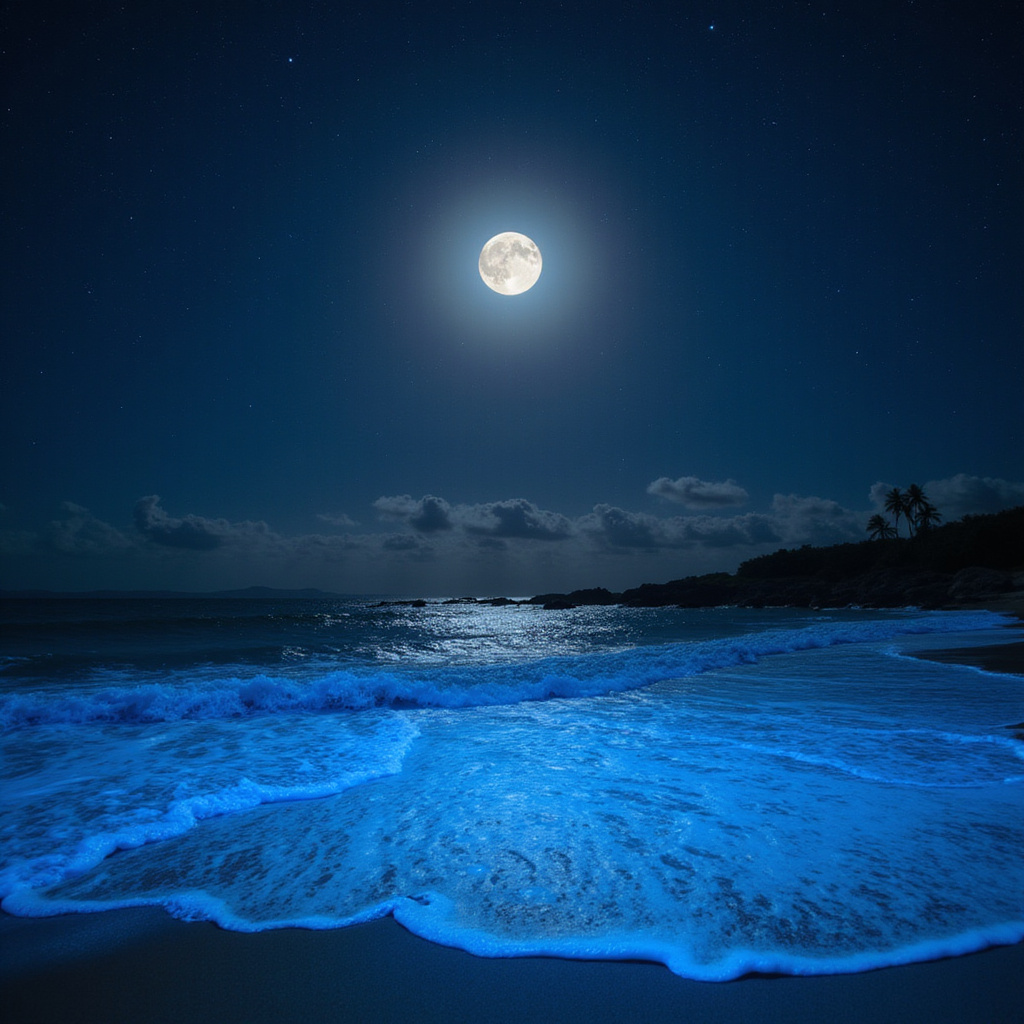 Plaża w Watamu nocą z widocznym świecącym planktonem, ekosystem morski, Kenia