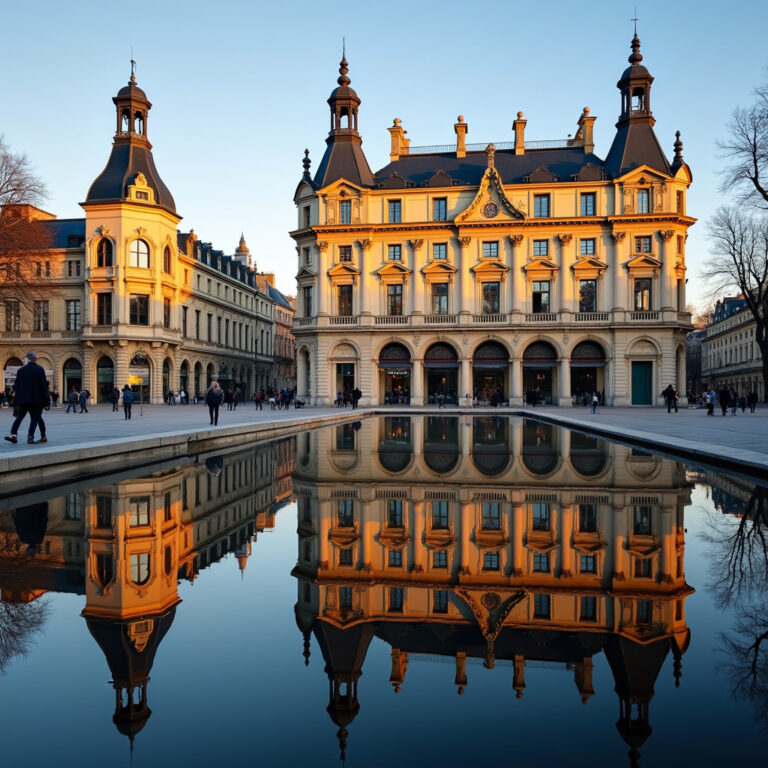 Miroir d'eau w Bordeaux z odbiciem Place de la Bourse, woda i architektura