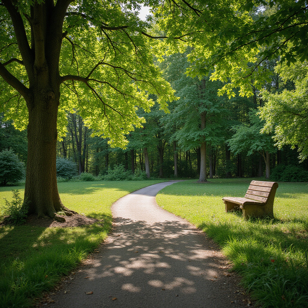 Park w Żelazowej Woli z ławeczką i ścieżką wśród drzew