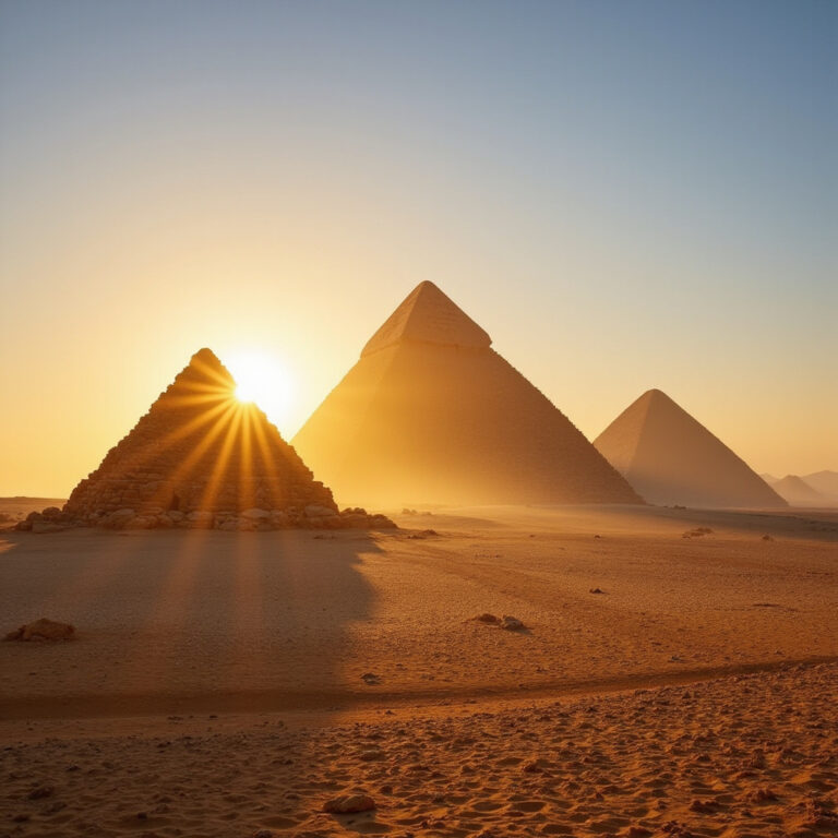 Widok na piramidy w Gizie o wschodzie słońca, pustynia i starożytne budowle