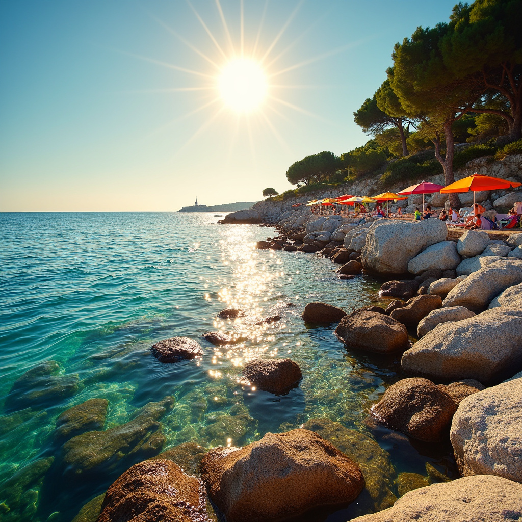 Kamienista plaża w Puli z turkusową wodą Adriatyku i parasolami