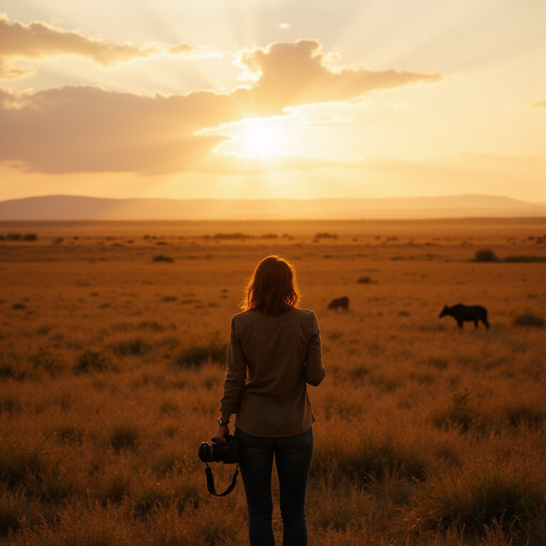 samotna podróż do Kenii - kobieta na tle sawanny z aparatem