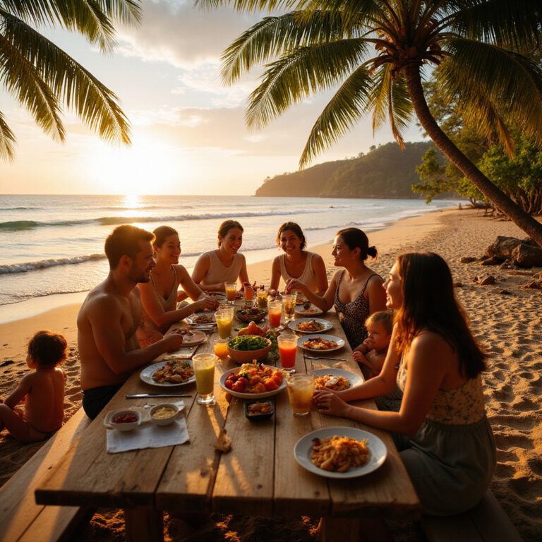 Rodzinna kolacja na plaży w Koh Lanta z widokiem na morze
