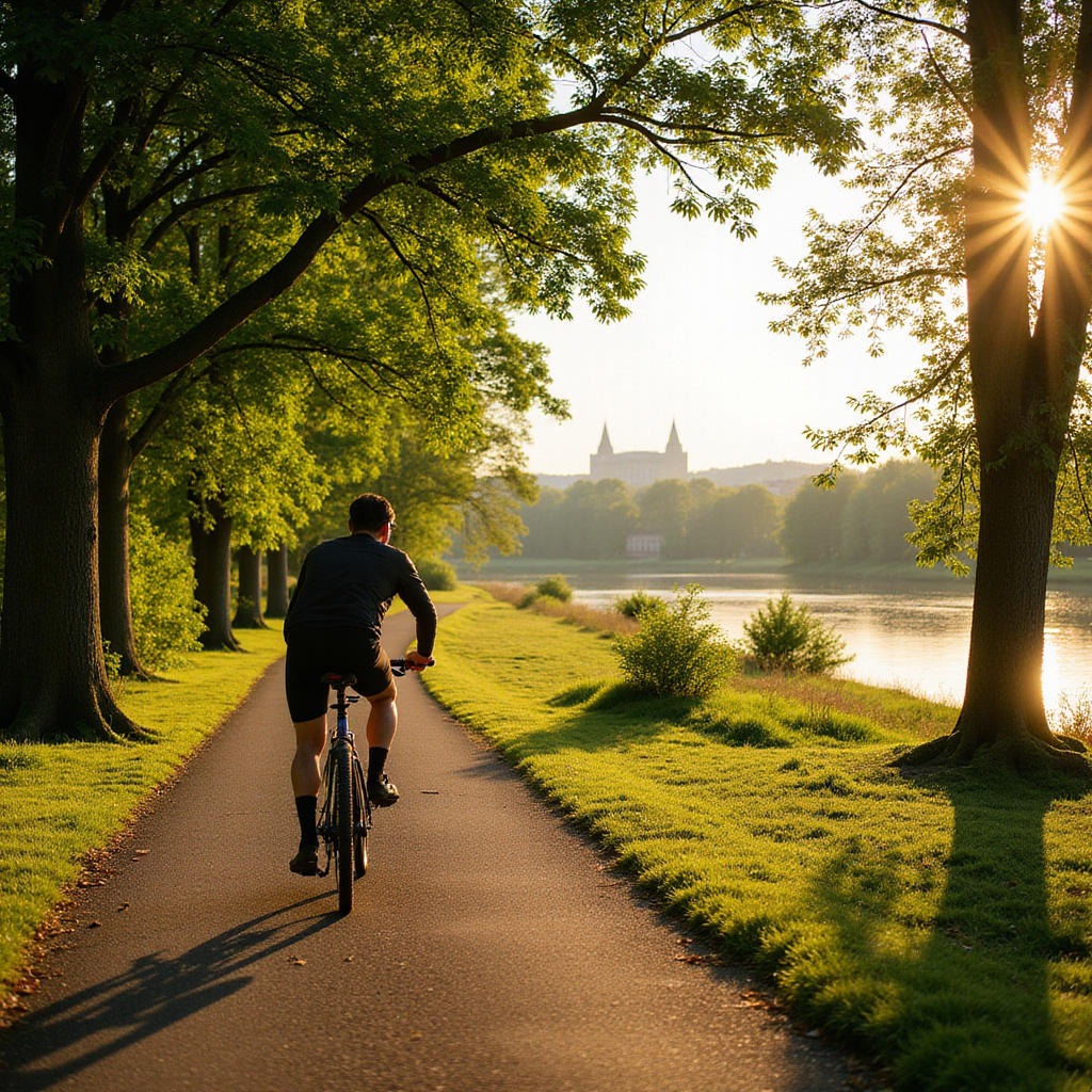 Rowerzysta na ścieżce wzdłuż rzeki Łaby w Hradec Králové, zielony krajobraz