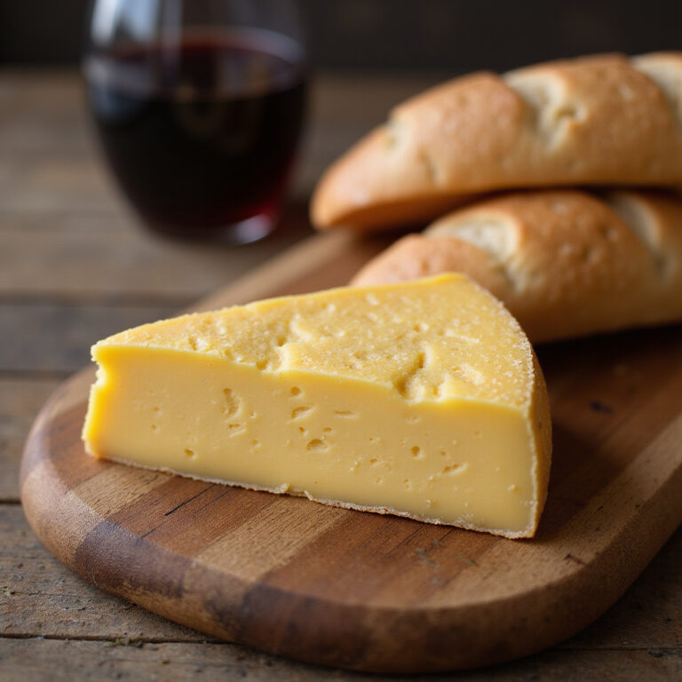 ser Maroilles na drewnianej desce z winem i chlebem