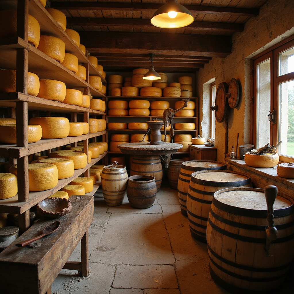 tradycyjna serowarnia w Lošticach z beczkami i narzędziami