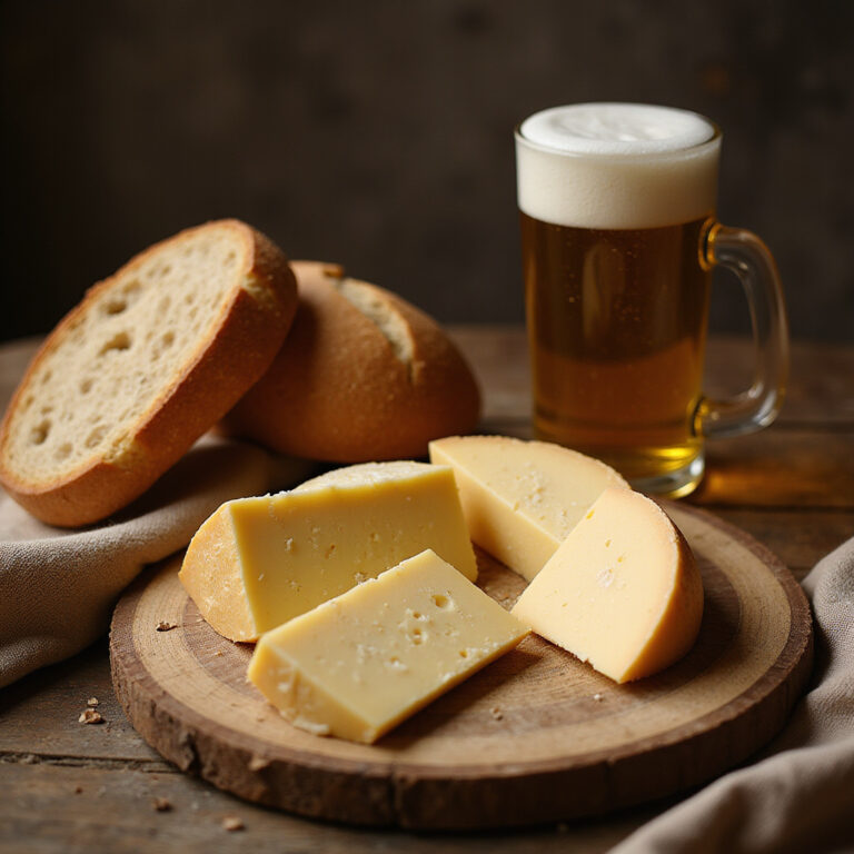 sery ołomunieckie na drewnianej desce z chlebem i piwem