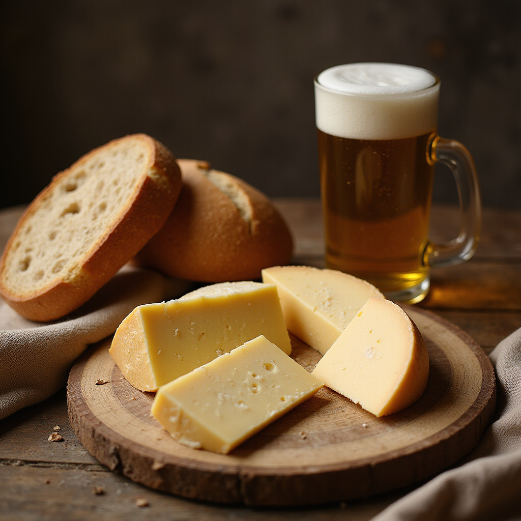 sery ołomunieckie na drewnianej desce z chlebem i piwem