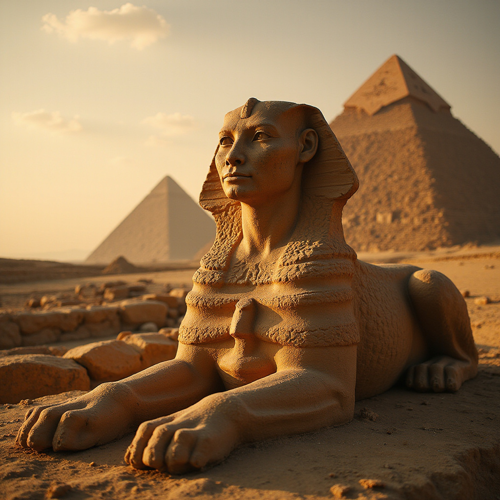 Sfinks w Gizie strzegący piramid, kamienna rzeźba i tajemnicza aura