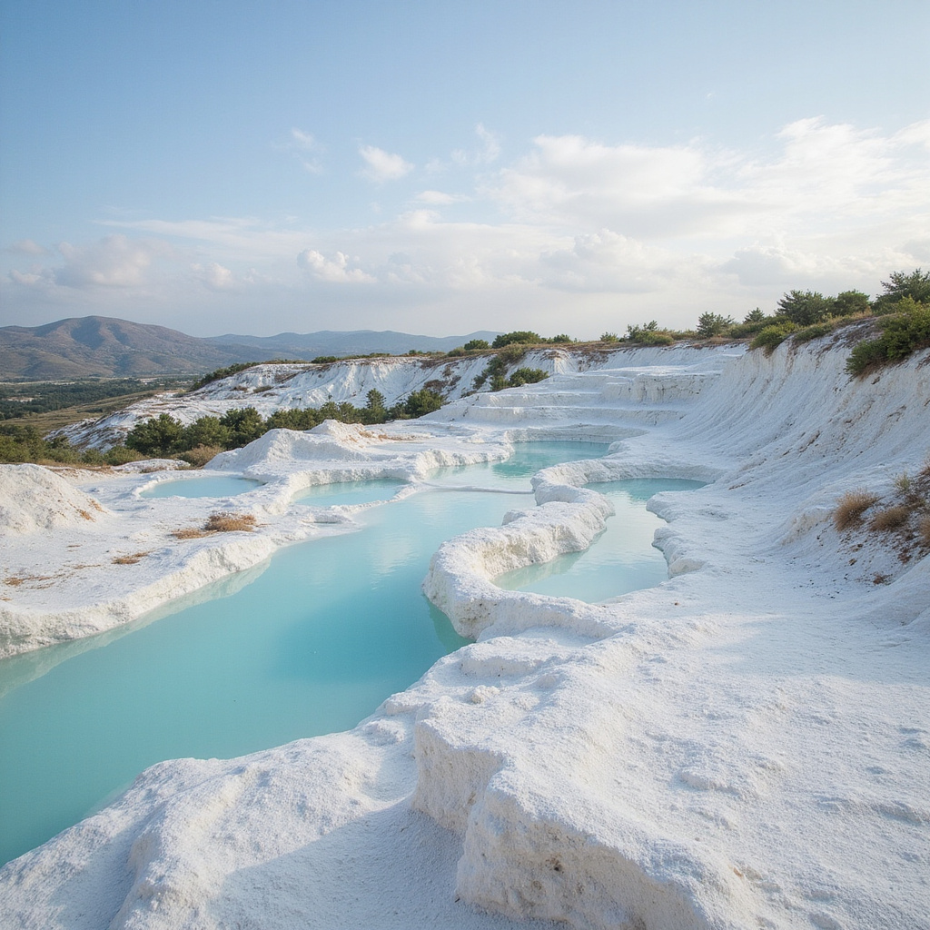 spacer po trawertynach Pamukkale, naturalne baseny termalne
