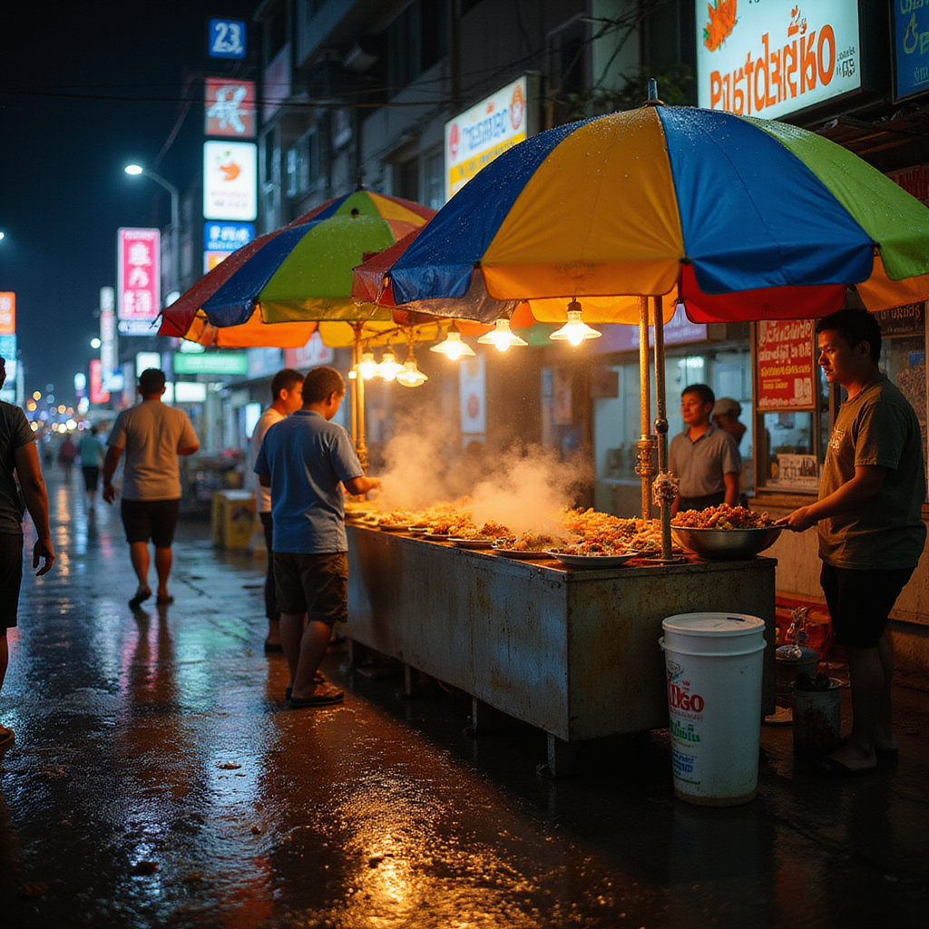 uliczny stragan z tajskim jedzeniem w porze deszczowej