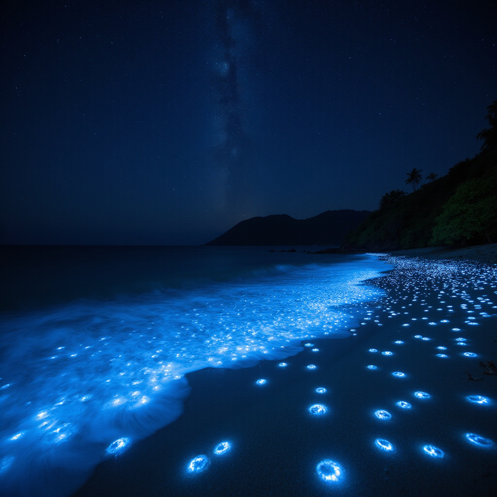 Świecący plankton w nocy na plaży w Watamu, bioluminescencja, nocne plaże Watamu