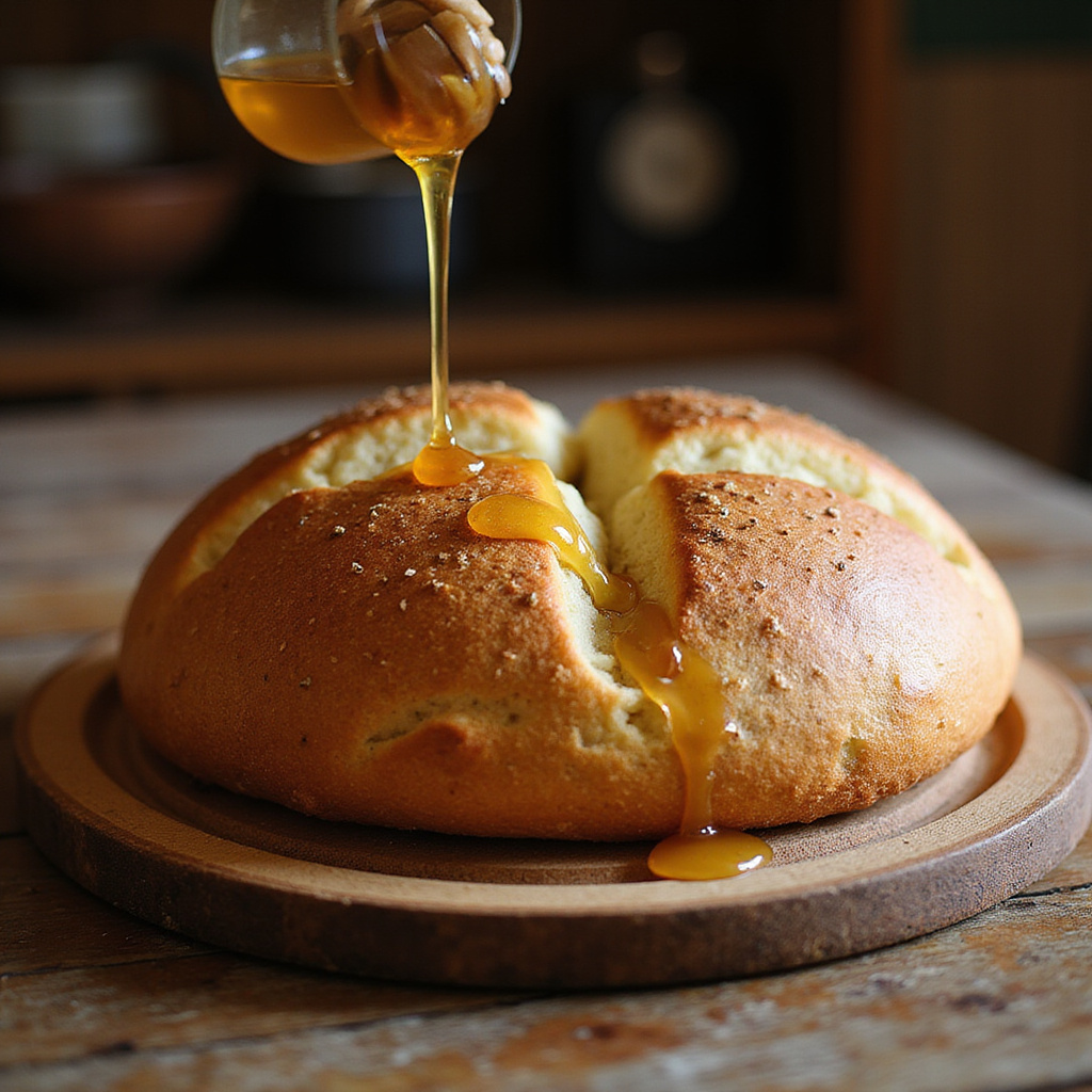Świeży łotewski chleb rupjmaize na drewnianej desce z miodem