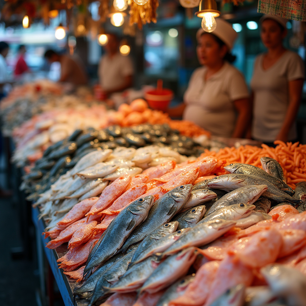 Świeże owoce morza na targu w Tajlandii, kolorowe stragany z rybami