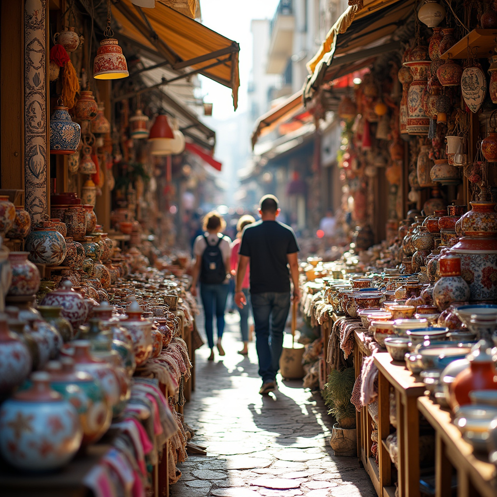 tradycyjne rzemiosło Grecji na targu w Atenach z ceramiką i tkaninami