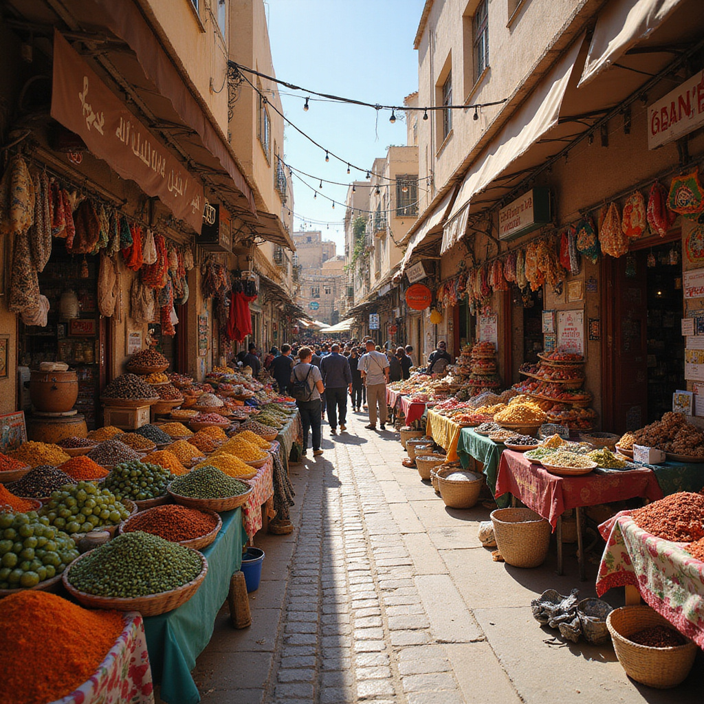 Targowisko w Tunisie z kolorowymi stoiskami i świeżymi produktami