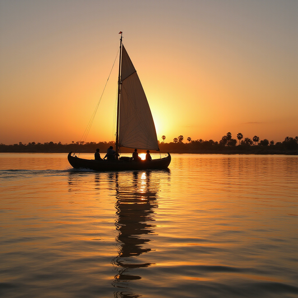 feluka na Nilu, tradycyjna żaglówka, spokojny rejs o zachodzie słońca