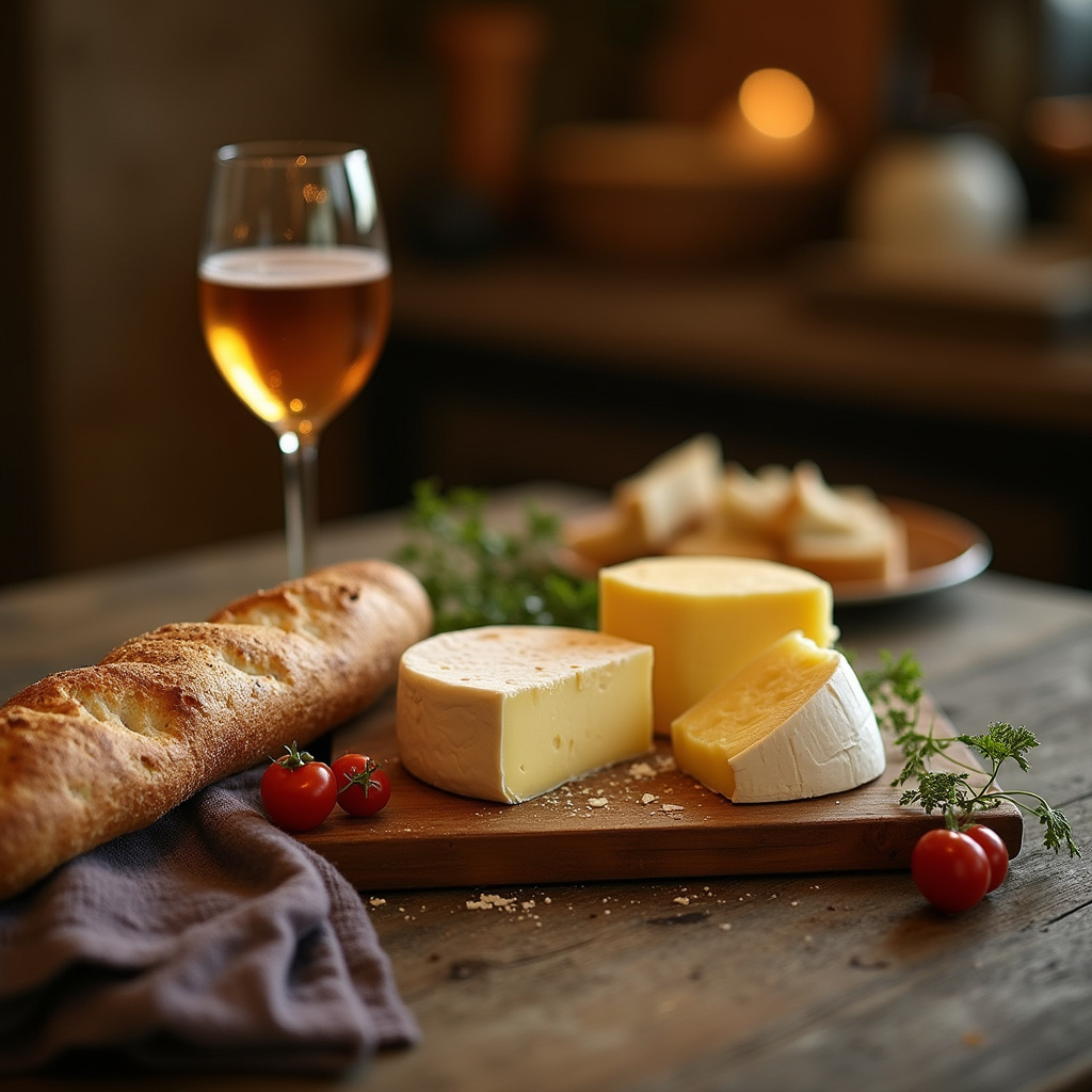 Tradycyjna francuska kolacja z serami i bagietką
