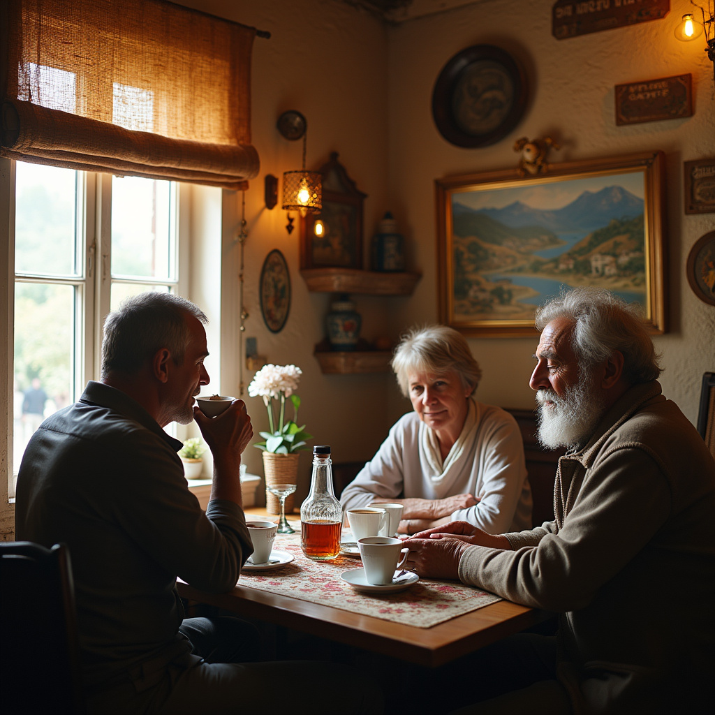 Grecka kawiarnia z lokalnymi mieszkańcami, filoxenia, tradycja, kawa