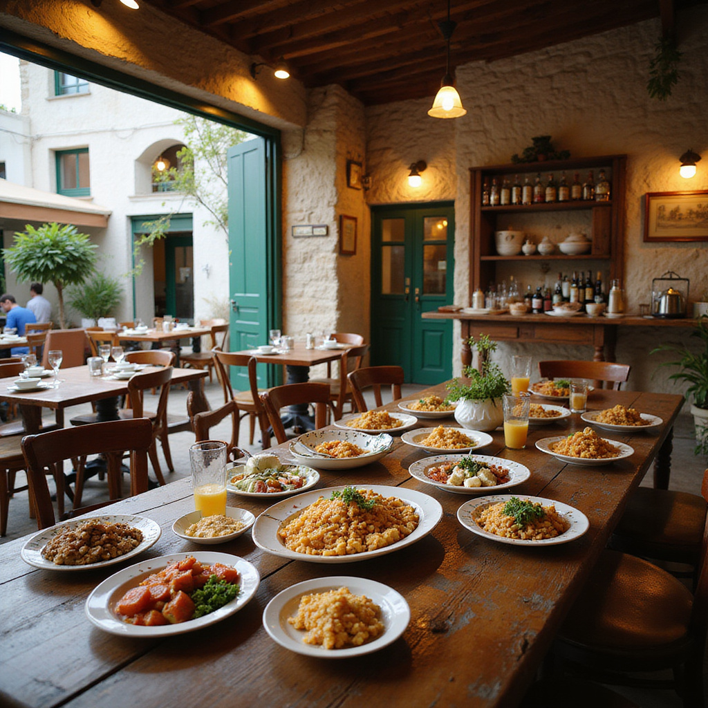 Grecka tawerna z tradycyjnymi potrawami na stole, filoxenia w Grecji, autentyczna atmosfera