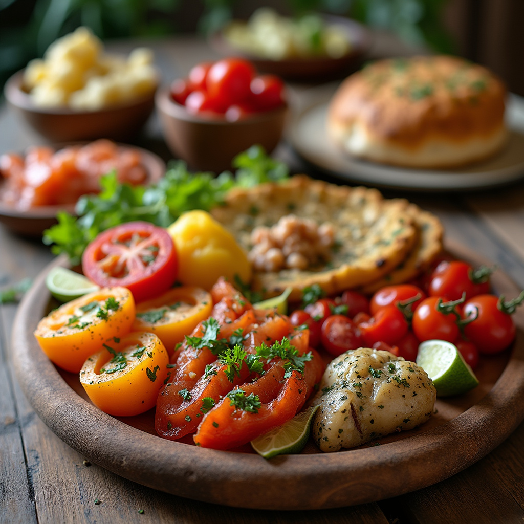 Tradycyjne cypryjskie meze z rĂłĆŒnorodnymi przystawkami na drewnianym stole