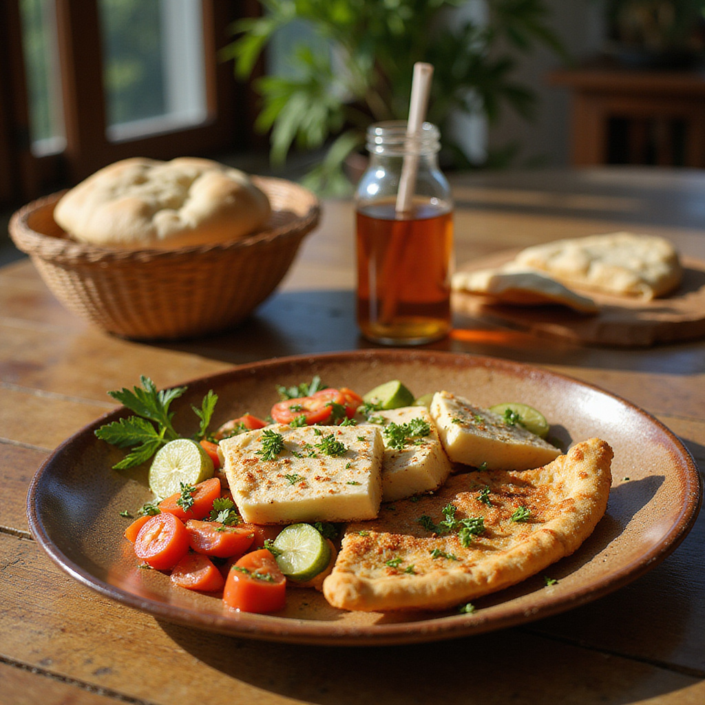 Tradycyjne cypryjskie śniadanie z halloumi, świeżymi warzywami i pitą na drewnianym stole