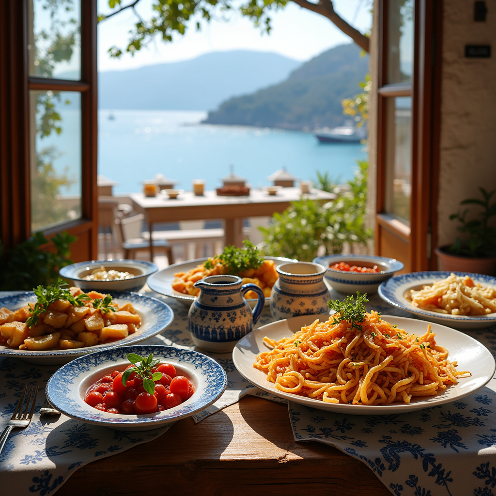 Tradycyjne greckie dania w tawernie w Volos z widokiem na morze