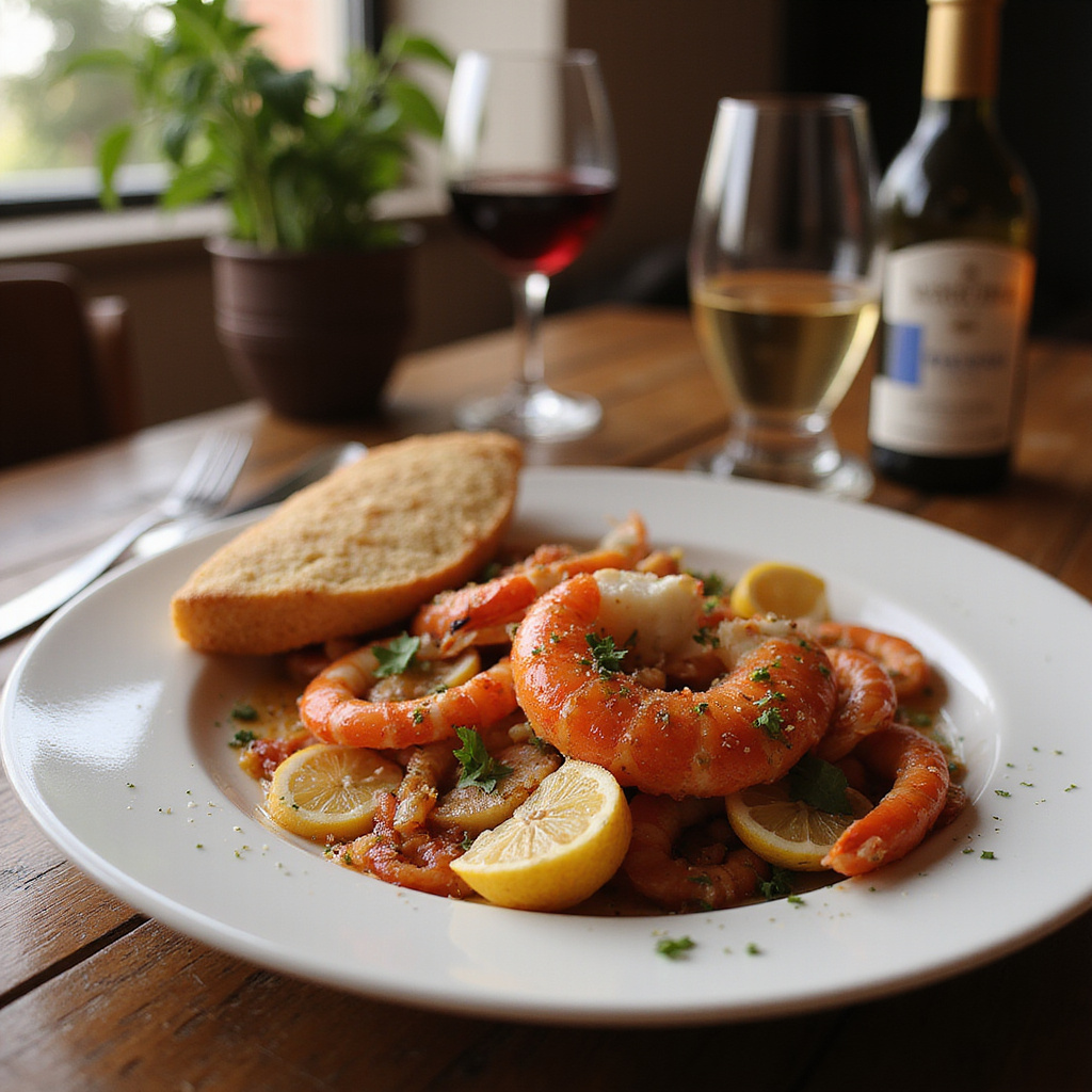 Tradycyjne danie w konobie Splitu, świeże owoce morza i lokalne wino