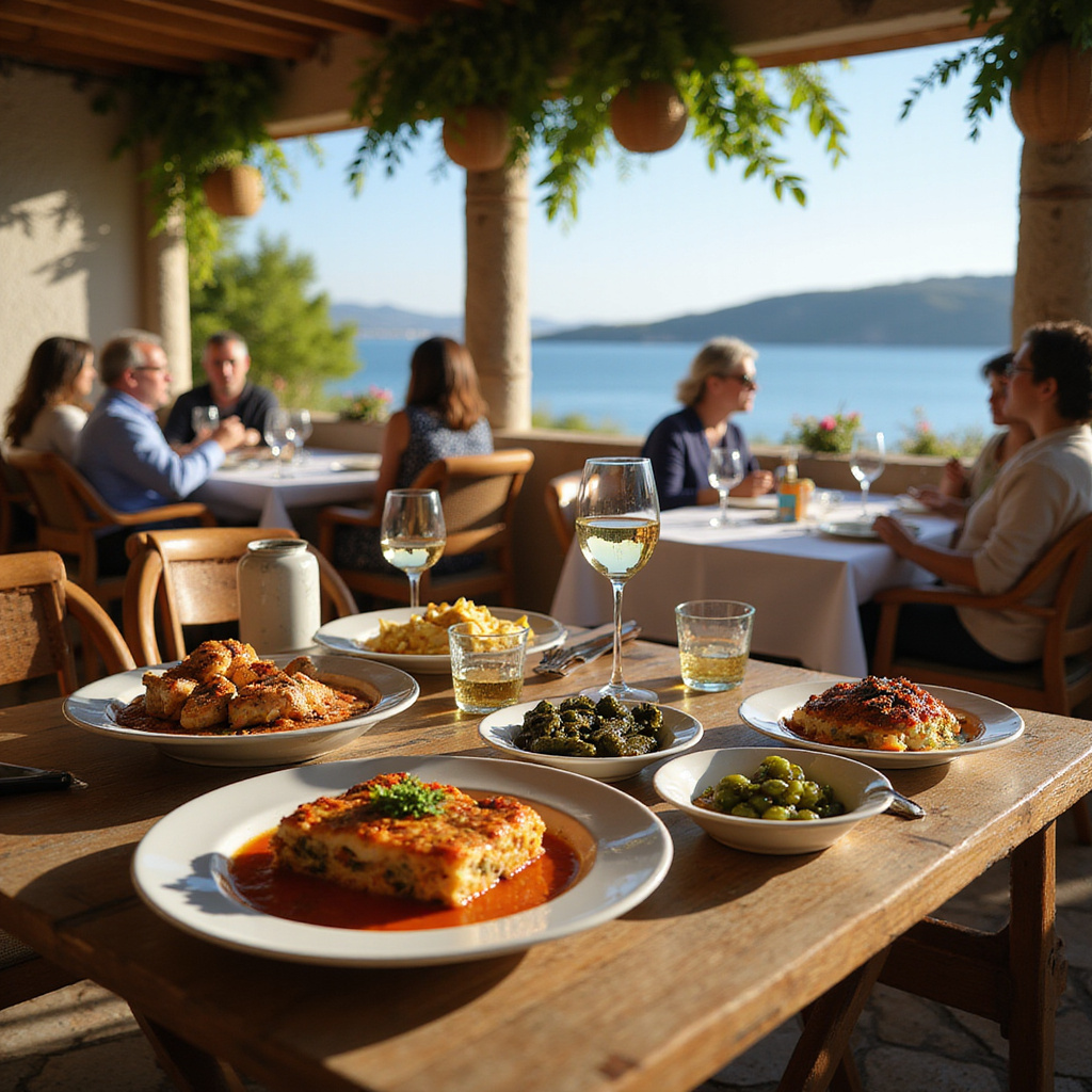 Tradycyjne greckie dania w tawernie w Volos, świeże owoce morza i lokalne wino