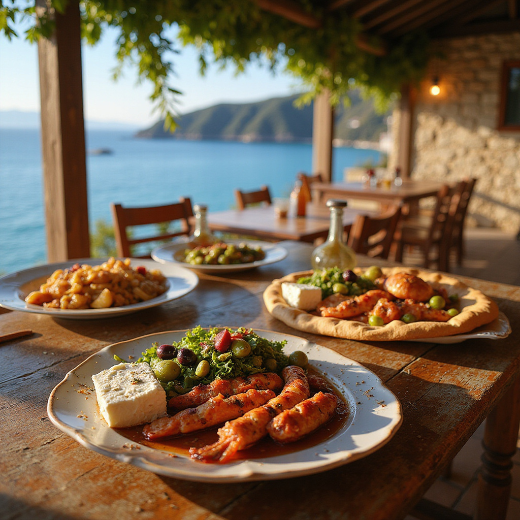 Tradycyjne greckie dania na stole w tawernie z widokiem na morze
